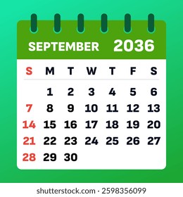 September 2036 Calendar Template. Planner with. September 2036 Monthly Layout. Flat design vector illustration.