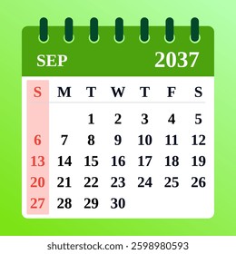 September 2037 Calendar Template. Planner with earthy tones. Clean and stylish September layout. Flat vector illustration