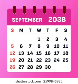 September 2038 Calendar Design. Cozy and elegant planner for fall scheduling. Minimalist layout. Vector graphic