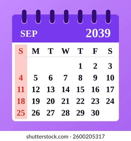September 2039 Calendar Template. Great for seasonal planning. Elegant and minimal monthly layout. Vector design