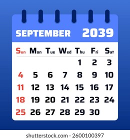 September 2039 Calendar Template. Warm seasonal tones for fall planning. Elegant and simple monthly organizer. Vector design