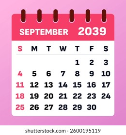 September 2039 Calendar Template. Warm seasonal tones for organizing events. Elegant and simple vector planner