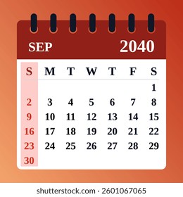 September 2040 Calendar Layout. Vector planner. September 2040 Monthly Calendar Template. Flat and clean design for creative use