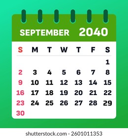 September 2040 Calendar Template. Vector illustration of a September planner. September 2040 Monthly Calendar. Modern flat style design