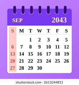 September 2043 Calendar Grid. Editable Vector Monthly Layout