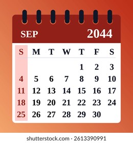 September 2044 calendar design. Flat vector layout, clean month template

