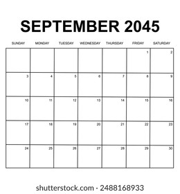 september 2045. monthly calendar design. week starts on sunday. printable, simple, and clean vector design isolated on white background.