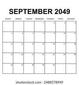 september 2049. monthly calendar design. week starts on sunday. printable, simple, and clean vector design isolated on white background.
