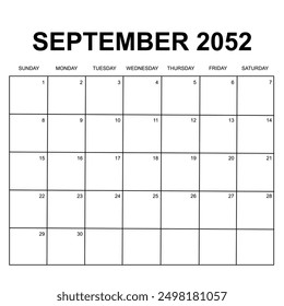 september 2052. monthly calendar design. week starts on sunday. printable, simple, and clean vector design isolated on white background.