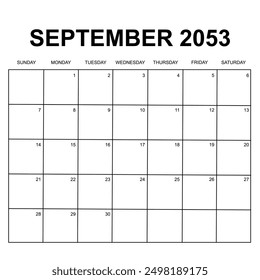 september 2053. monthly calendar design. week starts on sunday. printable, simple, and clean vector design isolated on white background.