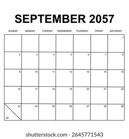 September 2057. monthly calendar design. week starts on Sunday. printable, editable, simple, and clean vector design isolated on white background.