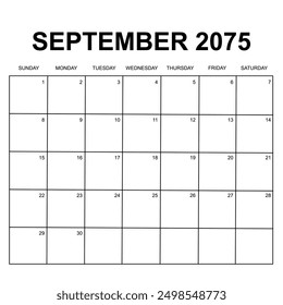 september 2075. monthly calendar design. week starts on sunday. printable, simple, and clean vector design isolated on white background.