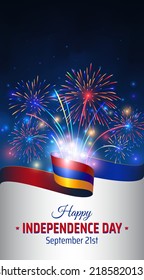 21 de setiembre, Día de la Independencia de armenia, plantilla vectorial con bandera armenia y coloridos fuegos artificiales en el fondo azul del cielo nocturno. Fiesta nacional de Armenia, 21 de septiembre. Tarjeta del día de la independencia