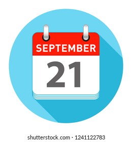September 21 Date on a Single Day Calendar in Flat Style with long flat shadow on a blue background