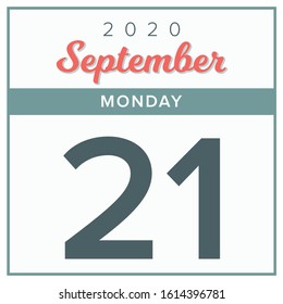 September 21st, 2020. Calendar day icon. Red and grey color.