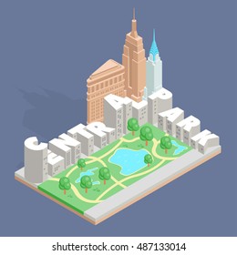 September 22, 2016: Central Park. Isometric Vector Illustration. Buildings In Form Of Letters.