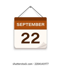 22 de septiembre, icono del calendario con sombra. Día, mes. Hora de cita de la reunión. Fecha de programación del evento. Ilustración vectorial plana. 