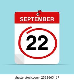 22 de setembro folha de calendário com marca vermelha em torno de uma data. Ilustração vetorial.
