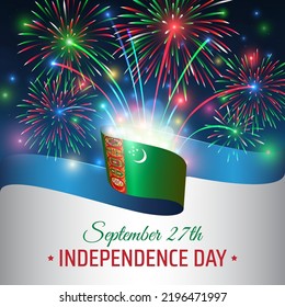 September 22, turkmenistan independence day, vector template with turkmen flag and colorful fireworks on blue night sky background. Turkmenistan national holiday september 27th. Independence day card