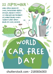 September 22nd. Carfree International Event. World Car Free Day. The City Without Traffic. Give Up Your Cars. Editable Vector Illustration In Modern Flat Style For Web, Print, Ad Design Creation