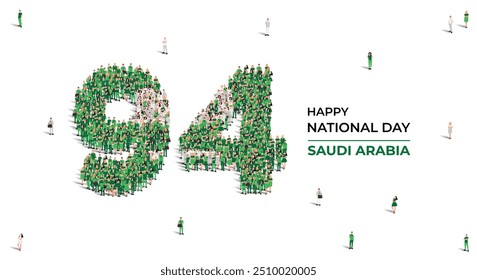 September 23 Happy National Day Saudi-Arabien Design. Eine große Gruppe von Menschen bildet die Nummer 94, da KSA am 23. September den 94. Nationalfeiertag feiert.