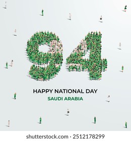 23 de setembro Feliz Dia Nacional da Arábia Saudita Design. Um grande grupo de pessoas se forma para criar o número 94 enquanto o Reino da Arábia Saudita celebra seu 94º Dia Nacional no dia 23 de setembro.