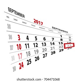 September 23, highlighted on 2017 calendar. Week starts from Sunday. Vector Illustration.