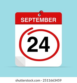 Hoja de calendario del 24 de septiembre con marca roja alrededor de una fecha. Ilustración vectorial.