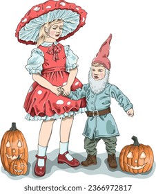 September, 25, 2023 A vector illustration of the little girl and boy in halloween costumes of fly mushroom and leprechaun with funny pumpkins  