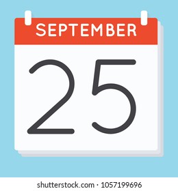 September 25. Calendar icon. Vector illustration in flat design isolated in blue background. Date and time, day, month.