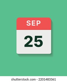 September 25 calendar icon, vector flat illustration. red, gray and green colors.