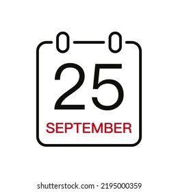 25. September Datum auf dem Kalender, Vektorlinie Strich Symbol für die Benutzeroberfläche. Kalender mit Datum, Vektorgrafik.