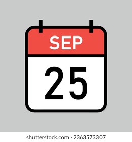 september 25 red and white color calendar page with black outline, calendar date vector illustration