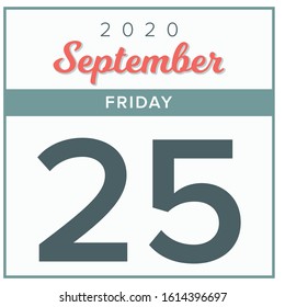 September 25th, 2020. Calendar day icon. Red and grey color.