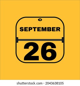 September 26. 26th day of month, calendar date. Yellow background with white stripe and red number slider. Concept of day of year, time planner, autumn month