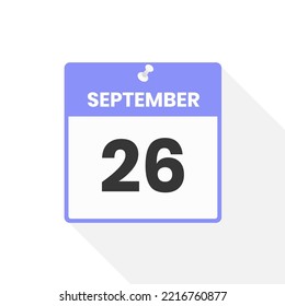 Icono del calendario del 26 de septiembre. Ilustración vectorial de icono de calendario de fecha, mes