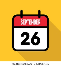 26 de septiembre. Icono de Calendario. Ilustración vectorial plana con sombra larga.