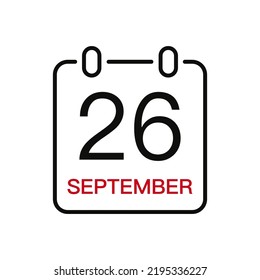 September 26 date on the calendar, vector line stroke icon for user interface. Calendar with date, vector illustration.