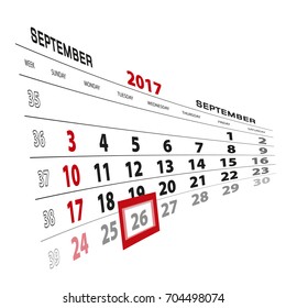 September 26, highlighted on 2017 calendar. Week starts from Sunday. Vector Illustration.