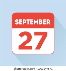 September 27 calendar reminder icon. Red flat sign. Holiday, birthday or wedding date. Special day. Calender paper