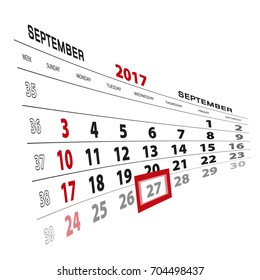 September 27, highlighted on 2017 calendar. Week starts from Sunday. Vector Illustration.