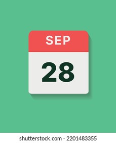 September 28 calendar icon, vector flat illustration. red, gray and green colors.