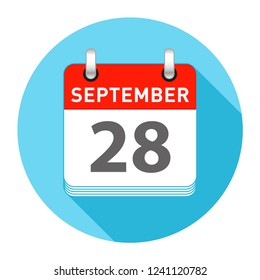 September 28 Date on a Single Day Calendar in Flat Style with long flat shadow on a blue background