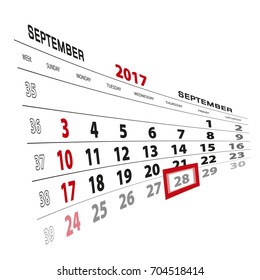 September 28, highlighted on 2017 calendar. Week starts from Sunday. Vector Illustration.
