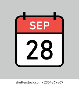 september 28 red and white color calendar page with black outline, calendar date vector illustration