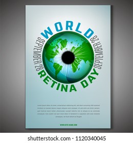 September 28 - world retina day. Vertical poster template with a globe image. Editable vector illustration in blue and green colors. Medical and healthcare concept.