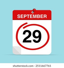 September 29 calendar leaf with red mark around a date. Vector illustration.