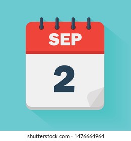 September 2nd. Daily Calendar Icon In Vector Format.  Date, Time, Day, Month. Holidays