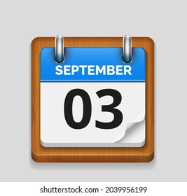 September 3 blue daily realistic calendar with wooden frame icon date vector image