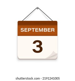 September 3, Calendar icon with shadow. Day, month. Meeting appointment time. Event schedule date. Flat vector illustration. 